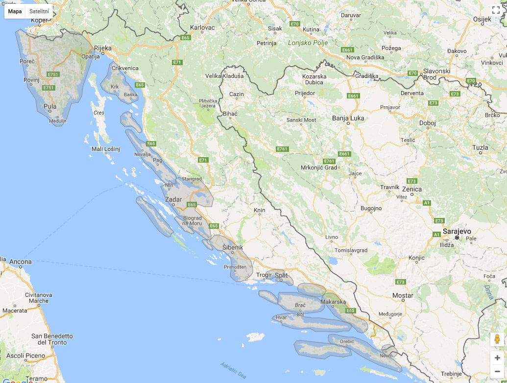 Destinace Chorvatska na mapě