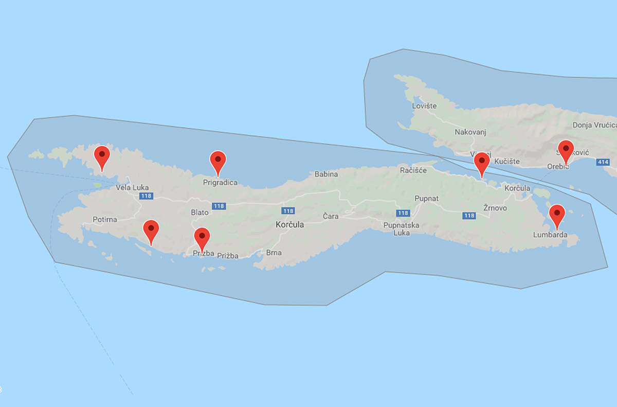 Mapa ostrova Korčula