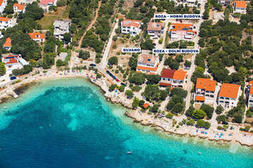 Apartmány v Mandre - letecký pohled, ostrov Pag, Chorvatsko
