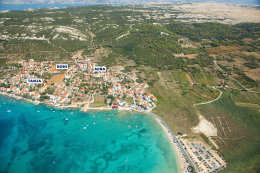 Stará Novalja - letecký pohled, ostrov Pag, Chorvatsko