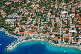 Apartmány Nostalgija - letecký pohled, Mandre, ostrov Pag, Chorvatsko