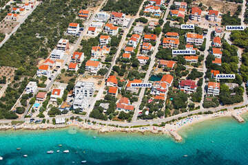 Apartmány Sandra - letecký pohled, Mandre, ostrov Pag, Chorvatsko