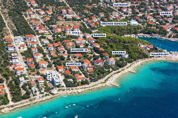 Apartmány Darka - letecký pohled, Mandre, ostrov Pag, Chorvatsko