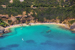 Apartmány Pechar - letecký pohled na písčitooblázkovou pláž, Pag-Bošana, ostrov Pag, Chorvatsko