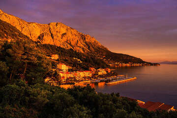 Apartmány Danira - čarokrásný západ slunce, pohled  na Biokovo z terasy A2, Podgora - Čaklje, Makarská riviéra, Chorvatsko