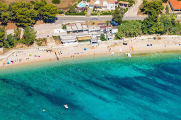 Orebič - písčitooblázková pláž Trstenica - letecký pohled, Pelješac, Chorvatsko
