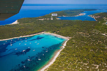 Písečná pláž Sakarun - letecký pohled,  apartmány Jozo, Polje - Veli Rat, Dugi Otok, Chorvatsko