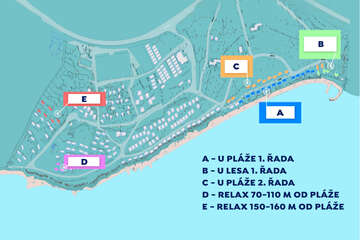 Mobilhome Blato - plánek rozmístění typů mobilhomů, Živogošće - Blato, Makarská riviéra, Chorvatsko