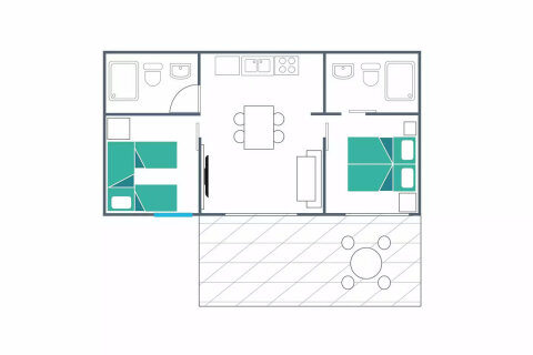 Půdorys - mobilhome Lodge Premium pro 4–6 osob, Resort BiVillage, Fažana, Istrie, Chorvatsko
