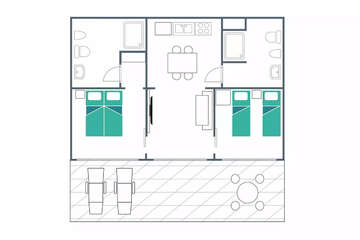 Půdorys - mobilhome Lodge Deluxe Sea View pro 4–5 osob, Resort BiVillage, Fažana, Istrie, Chorvatsko