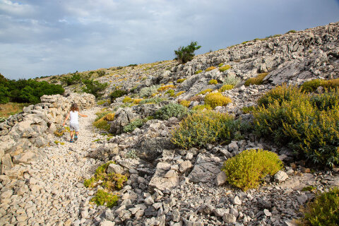 Procházka na Sveti Vid, nejvyšší vrchol ostrova Pag, Chorvatsko