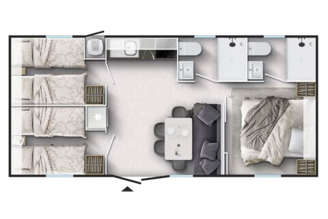 Půdorys - Mobilhome Lodge Prestige Laguna pro 5–6 osob, Resort BiVillage, Fažana, Istrie, Chorvatsko