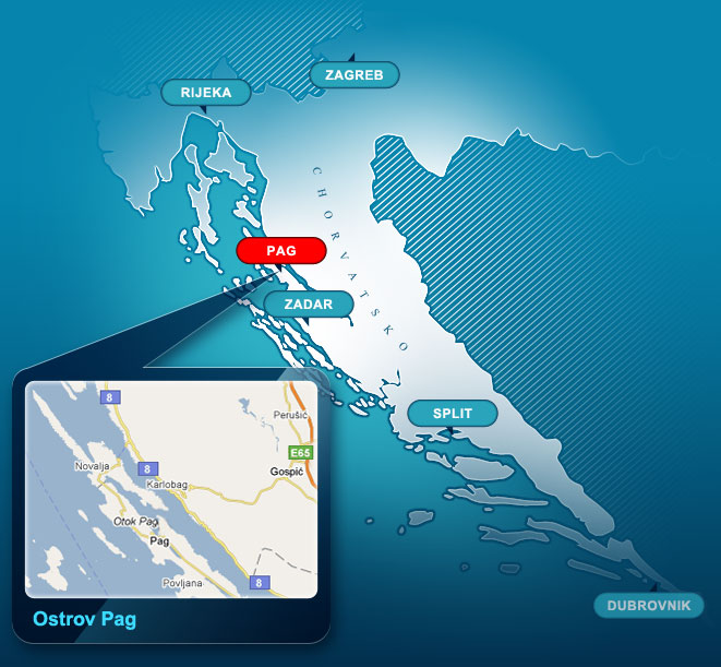 Mapa Chorvatska a ostrov Pag